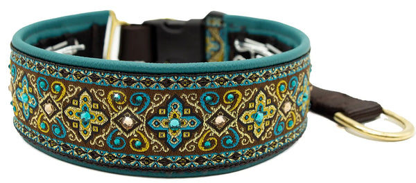 Teal Croix teal, olive-gold, and brown ornate cross motif European-crystal hidden prong collar by Fuzzywumpets.