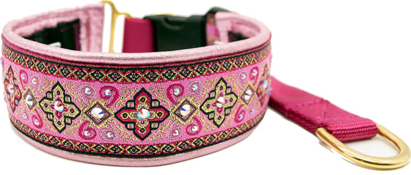 Raspberry Croix pink and gold ornate floral scroll European-crystal hidden prong collar by Fuzzywumpets.