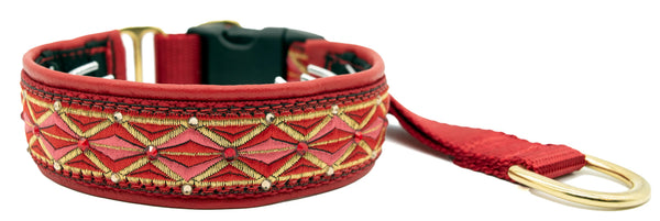 Red Diamonds red and gold diamond European-crystal hidden prong collar with purple and topaz crystals on purple leather.