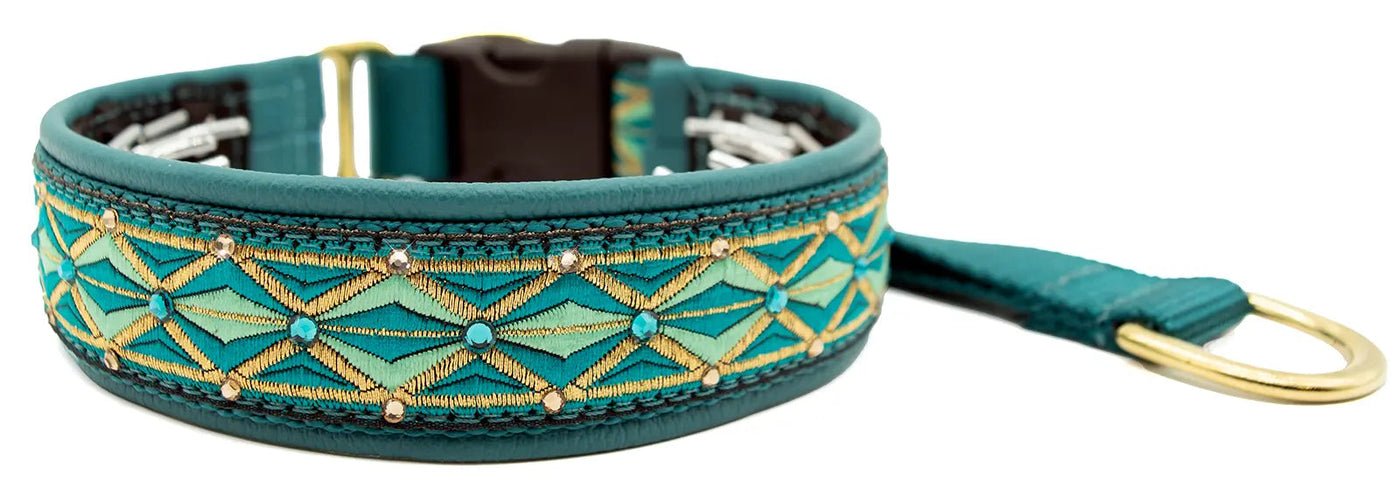 Teal Diamonds teal and gold diamond geometric motif European-crystal hidden prong collar with blue zircon and topaz crystals.
