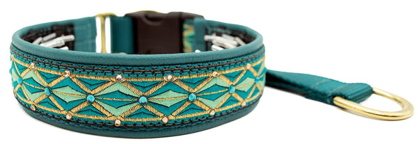 Teal Diamonds teal and gold diamond geometric motif European-crystal hidden prong collar with blue zircon and topaz crystals.