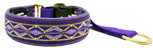 Purple Diamonds purple and gold diamond European-crystal hidden prong collar with purple, topaz crystals on purple leather.