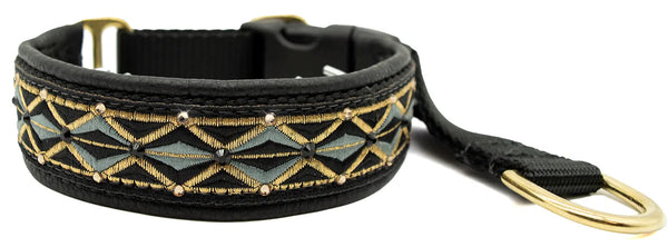Black Diamonds black and gold diamond European-crystal hidden prong collar with black and topaz crystals on black leather.