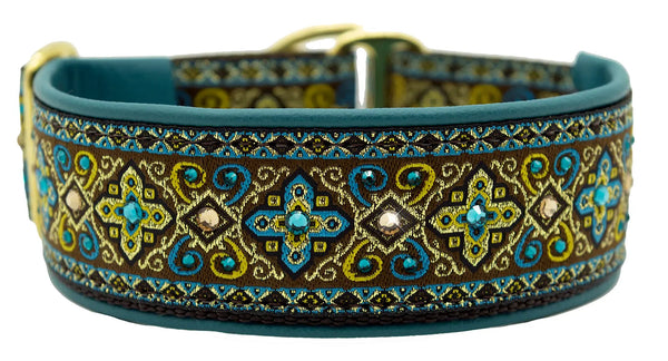 Teal & Chocolate Croix teal, gold, and brown ornate diamond European-crystal limited slip dog collar by Fuzzywumpets.