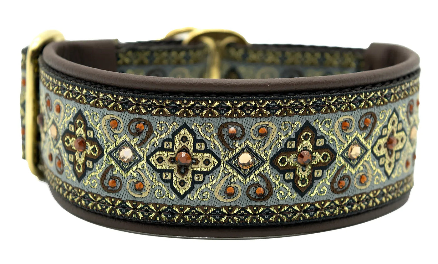 Stone & Chocolate Croix stone, gold, and brown ornate diamond European-crystal limited slip dog collar by Fuzzywumpets.
