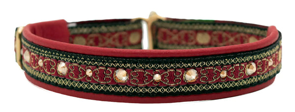 Red Medallions crimson and black gold-trim band European-crystal limited slip dog collar by Fuzzywumpets.