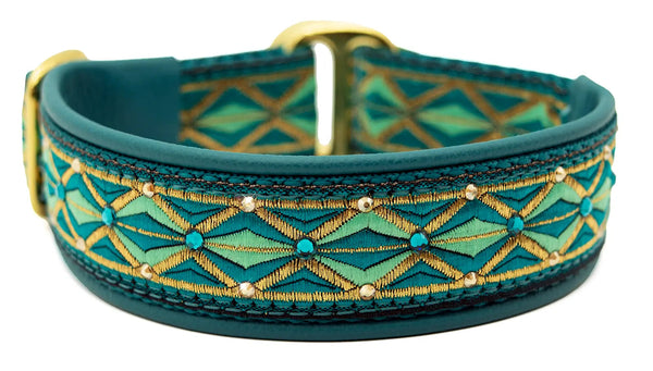 Teal Diamonds teal and gold diamond motif European-crystal limited slip dog collar with blue zircon and topaz crystals.