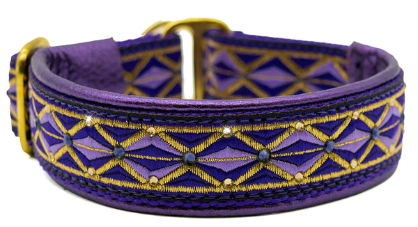 Purple Diamonds purple, gold diamond European-crystal limited slip dog collar with purple, topaz crystals on purple leather.