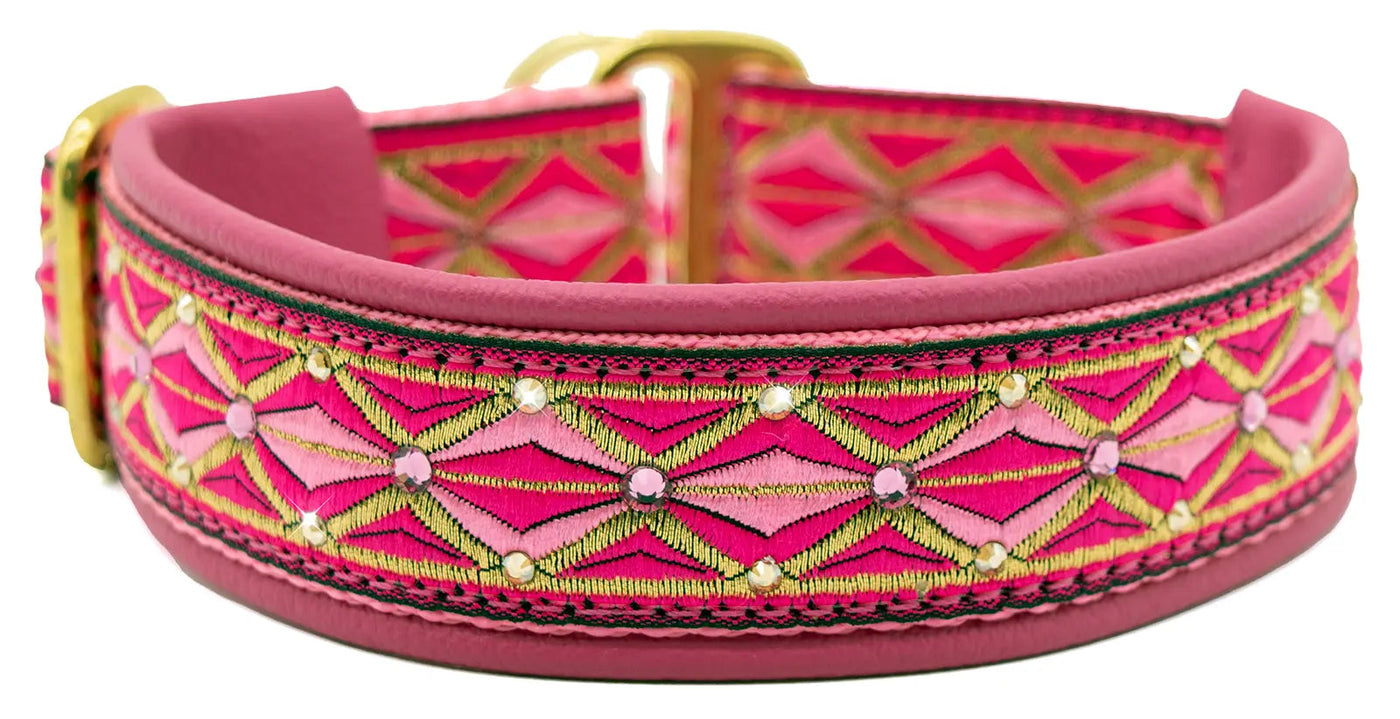 Pink Diamonds hot pink and gold diamond pattern European-crystal limited slip dog collar with pink and topaz crystals.