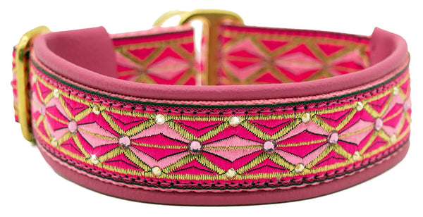 Pink Diamonds hot pink and gold diamond pattern European-crystal limited slip dog collar with pink and topaz crystals.