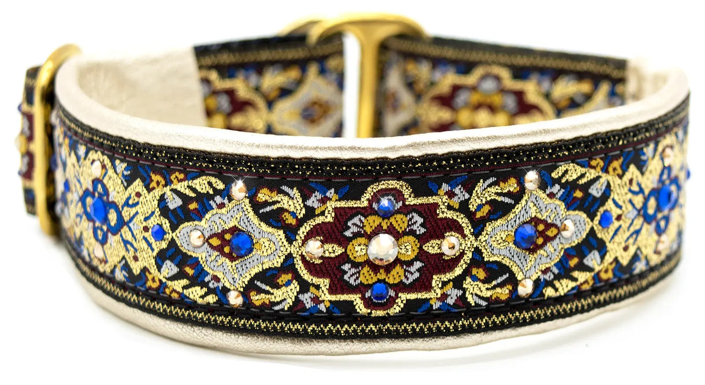 Oyster Verona black, maroon, blue and gold ornate medallion European-crystal limited slip dog collar by Fuzzywumpets.