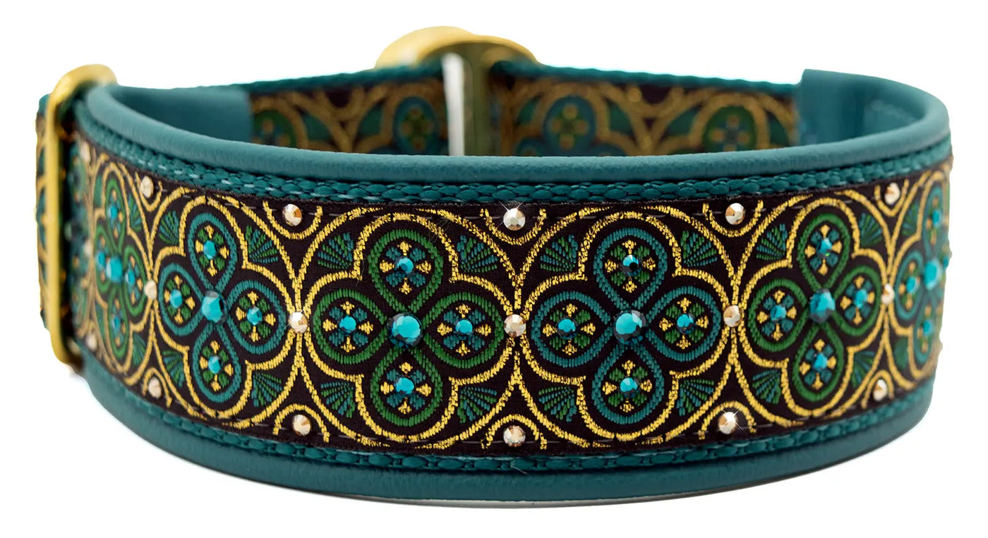 Teal and Green Toulon teal, forest green, and gold European-crystal limited slip dog collar by Fuzzywumpets.