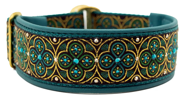 Teal and Green Toulon teal, forest green, and gold European-crystal limited slip dog collar by Fuzzywumpets.