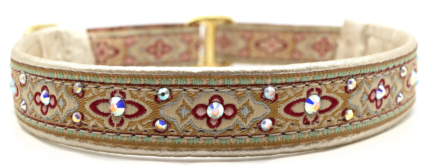 Champagne Viennese gold and burgundy floral medallion European-crystal limited slip dog collar by Fuzzywumpets.
