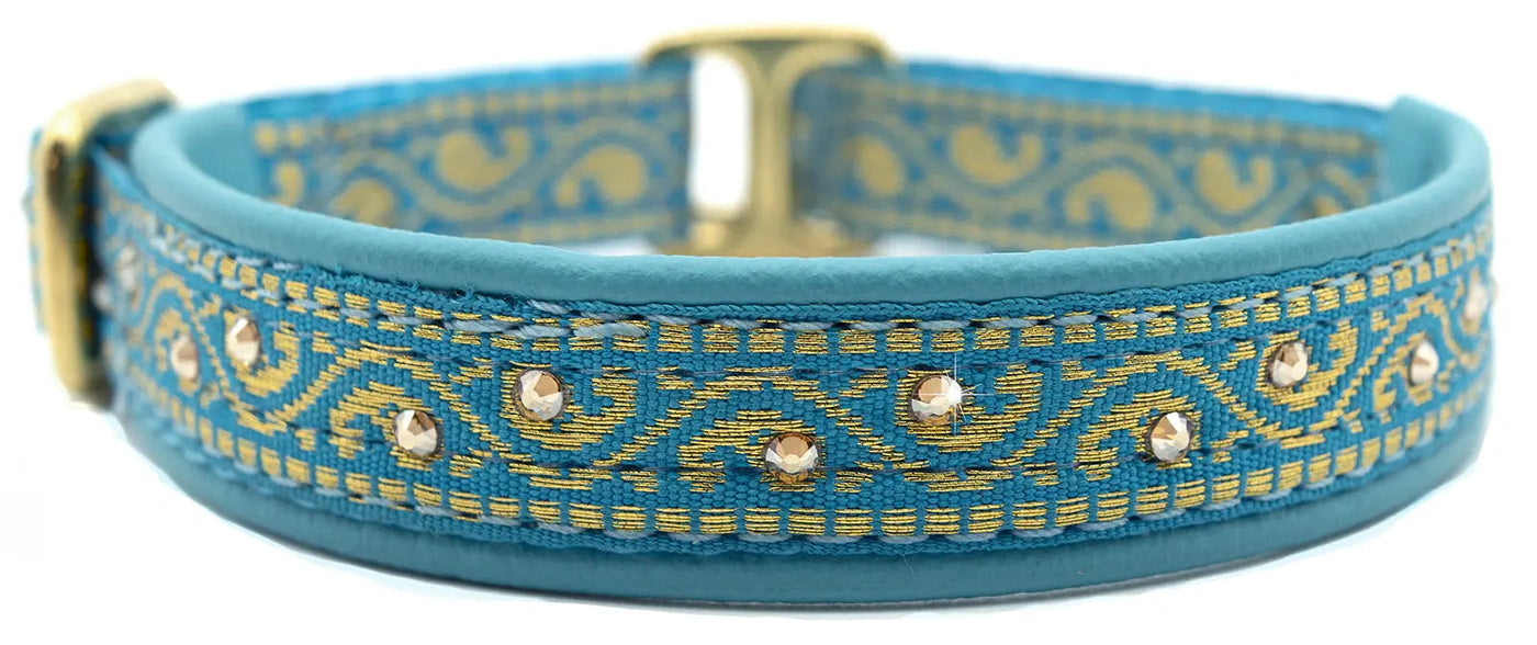 Aqua Mykonos aqua and gold scroll wave European-crystal limited slip dog collar by Fuzzywumpets.