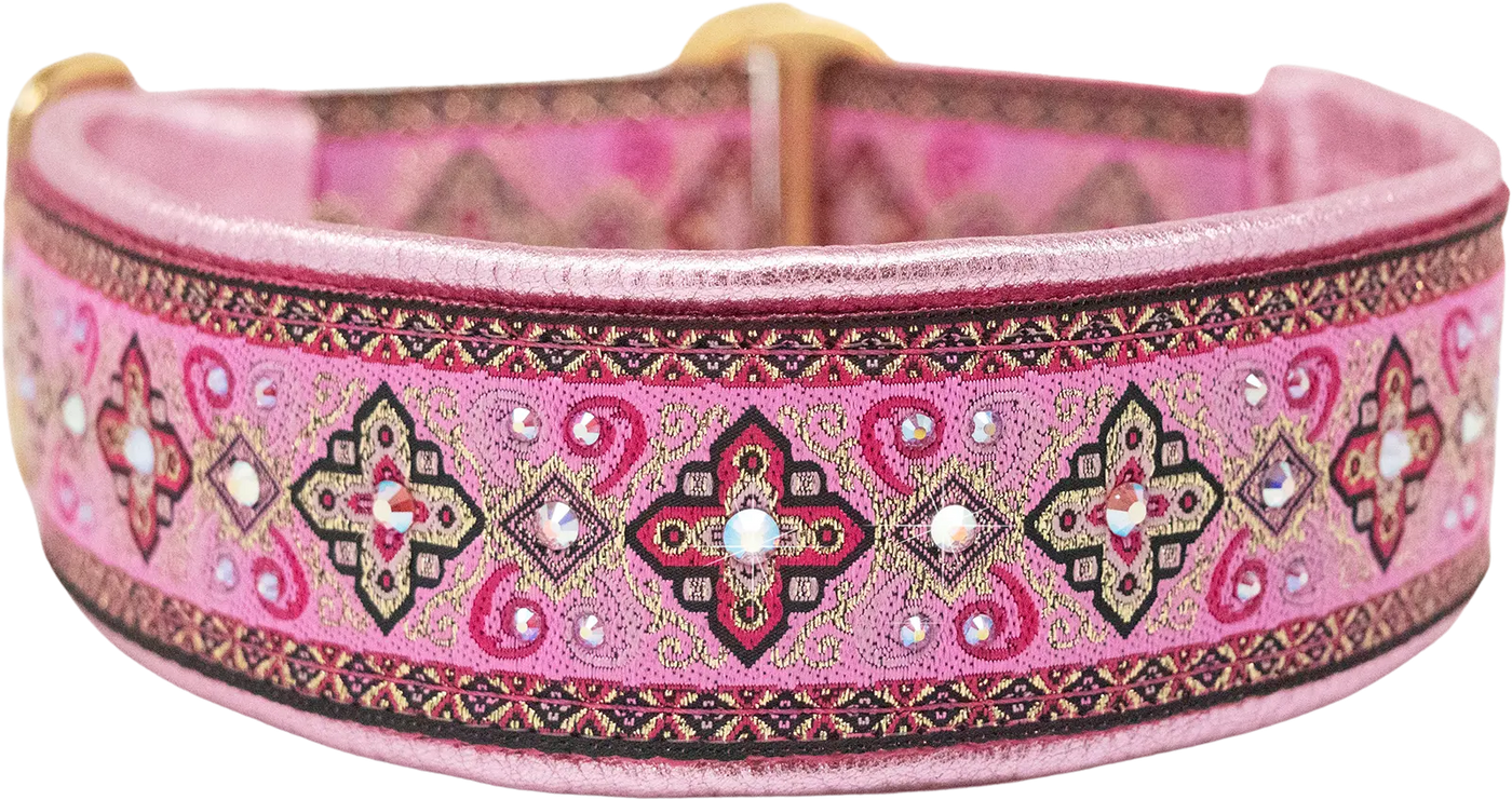 1.5" Raspberry Croix Luxe Limited Slip Collar for dogs, Pink Metallic leather lining, handmade in the USA by Fuzzywumpets.