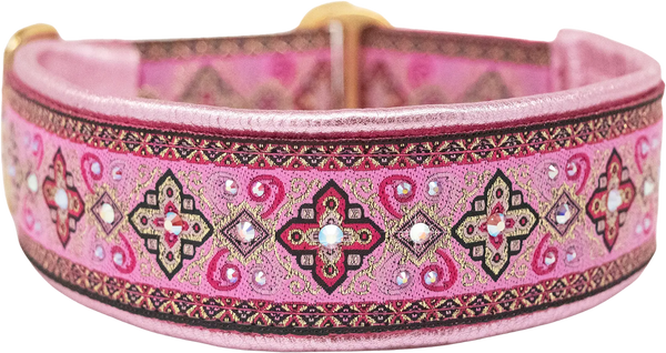 1.5" Raspberry Croix Luxe Limited Slip Collar for dogs, Pink Metallic leather lining, handmade in the USA by Fuzzywumpets.