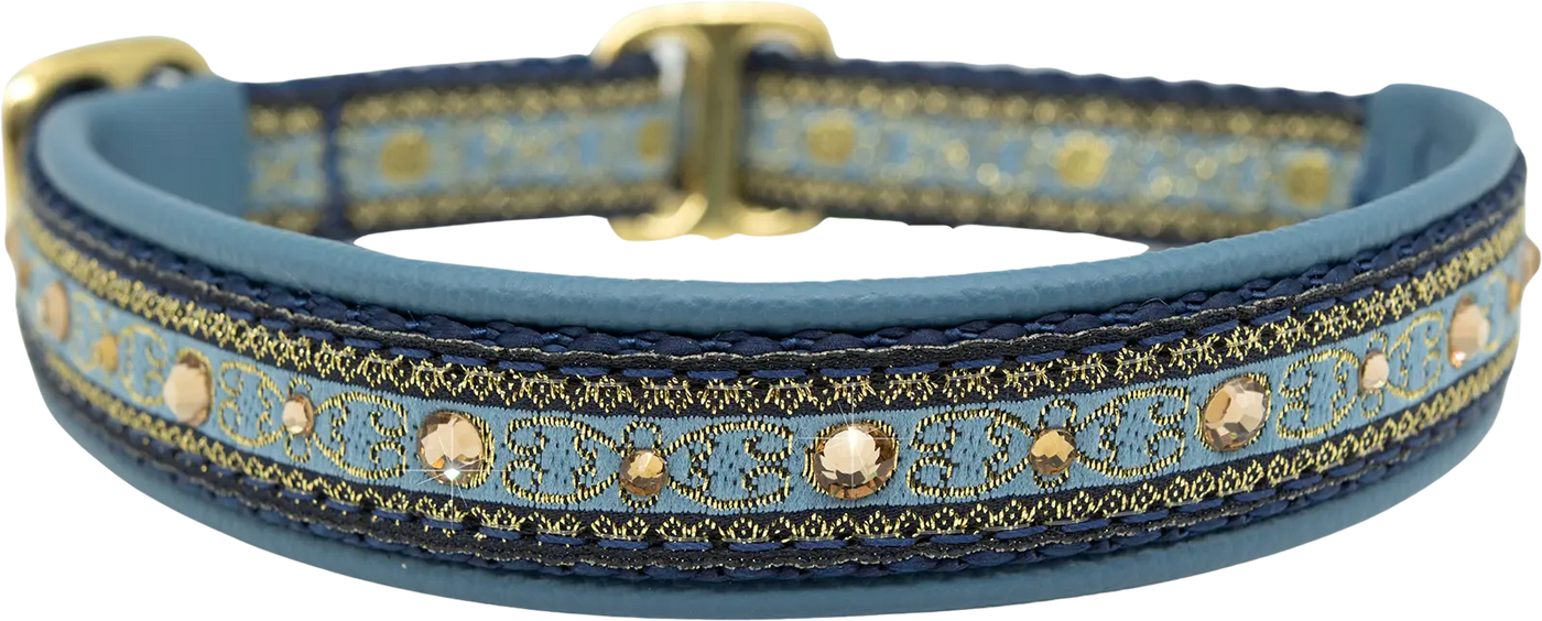 Dove Medallions sky blue and gold medallion scroll European-crystal limited slip dog collar by Fuzzywumpets.