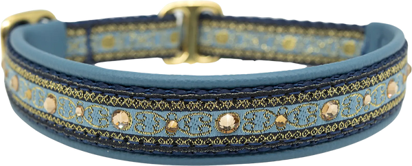 Dove Medallions sky blue and gold medallion scroll European-crystal limited slip dog collar by Fuzzywumpets.