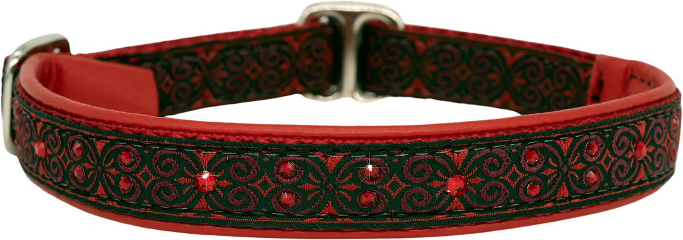 Claret dark green and red scrollwork floral European-crystal limited slip dog collar by Fuzzywumpets.