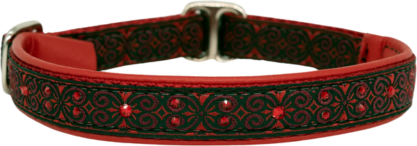 Claret dark green and red scrollwork floral European-crystal limited slip dog collar by Fuzzywumpets.