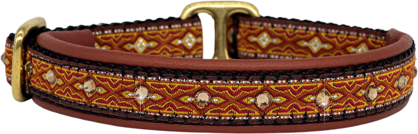 Barrington red, gold and cream geometric diamond-eye European-crystal limited slip dog collar by Fuzzywumpets.