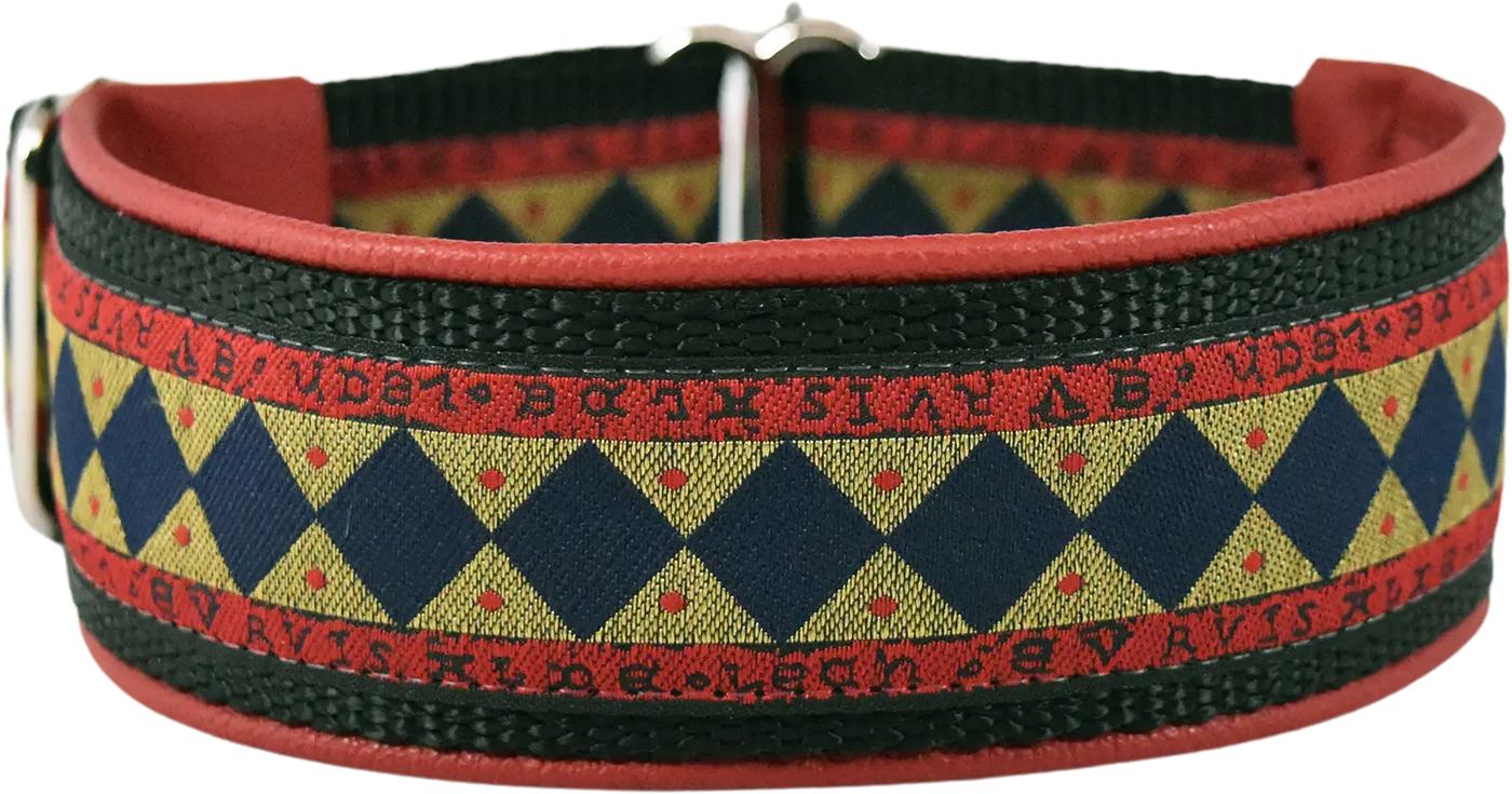 1.5" Dress Uniform Elite Limited Slip Collar for dogs, Medium Red leather lining, handmade in the USA by Fuzzywumpets.