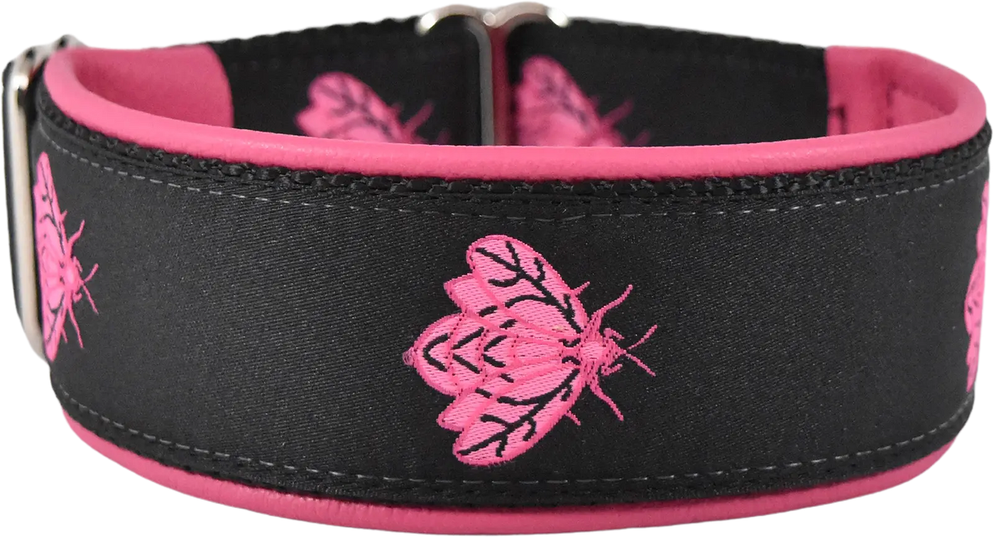 1.5" Black-Pink Hive Mind Elite Limited Slip Collar for dogs, Medium Pink leather lining, handmade in the USA by Fuzzywumpets.