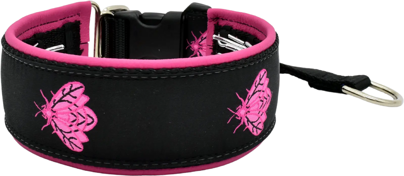 1.5" Black-Pink Hive Mind Elite Private Trainer for dogs, Medium Pink leather lining, handmade in the USA by Fuzzywumpets.