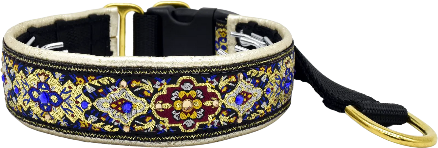 Oyster Verona black, maroon, blue and gold ornate medallion European-crystal hidden prong collar by Fuzzywumpets.