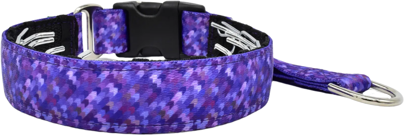 Modern Houndstooth purple and dark purple houndstooth hidden prong / private trainer dog collar by Fuzzywumpets.