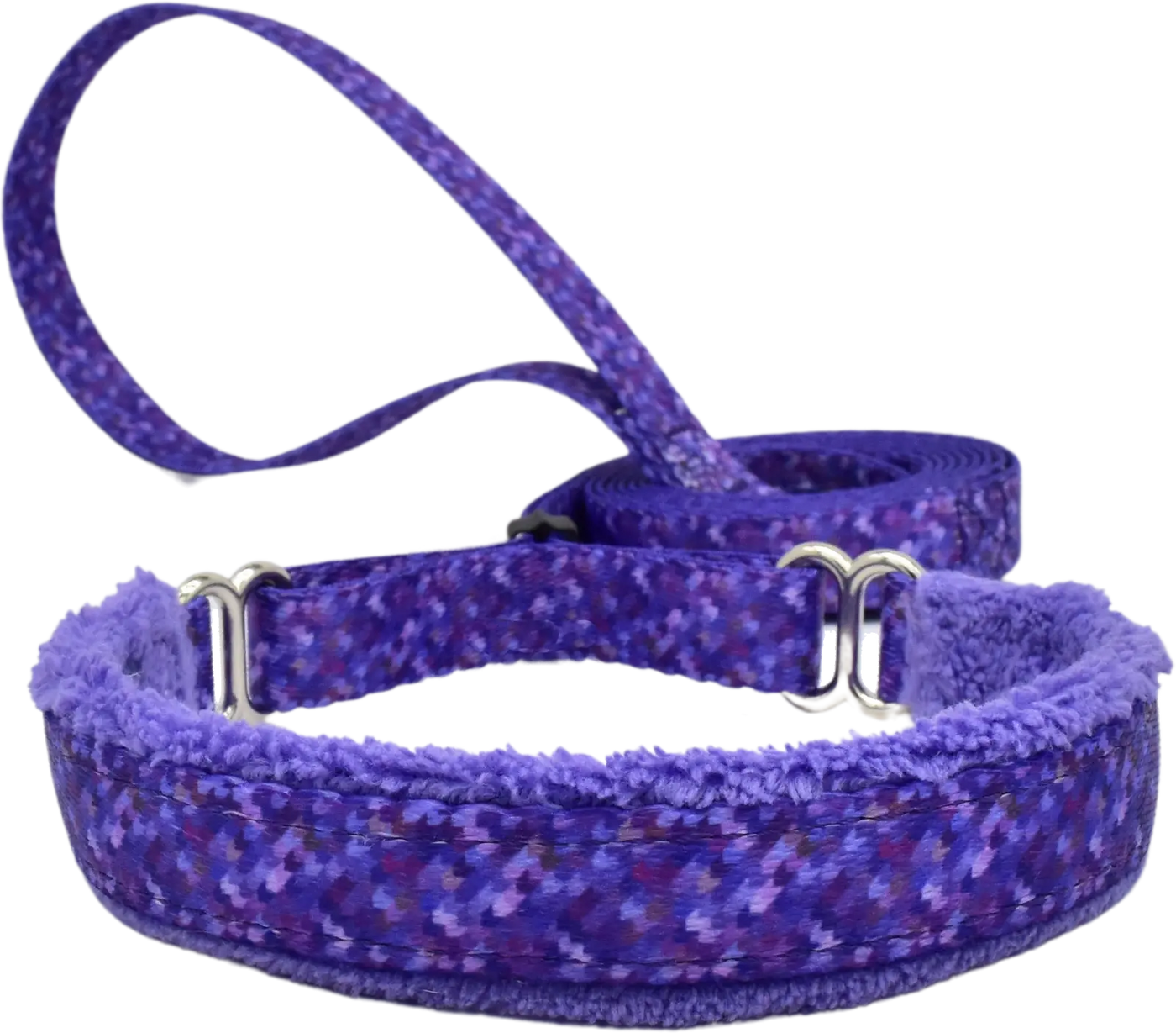 Modern Houndstooth purple and dark purple houndstooth fleece-lined martingale walking lead — no-slip dog leash.