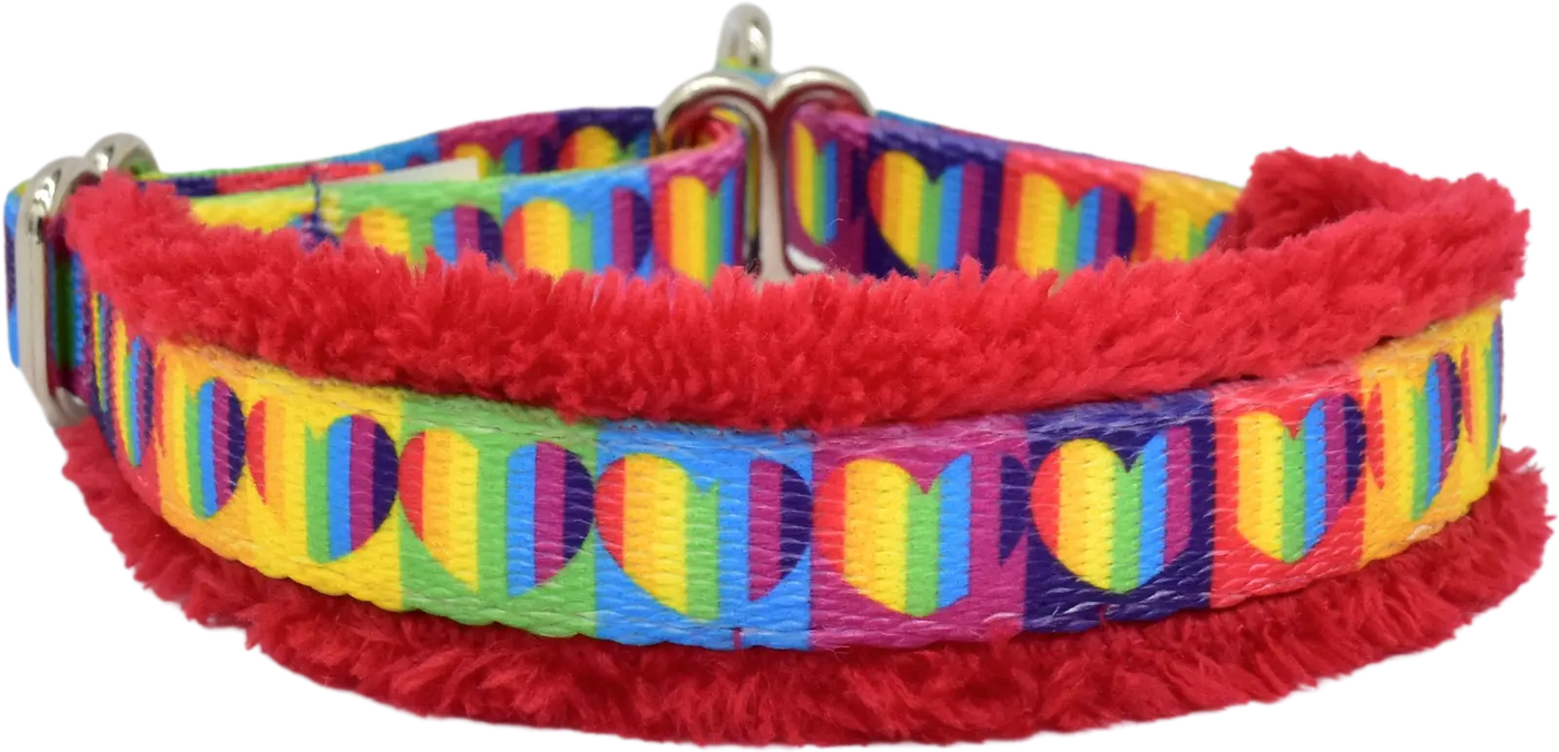 Rainbow Hearts multicolor rainbow hearts fleece-lined martingale-style limited slip dog collar by Fuzzywumpets.