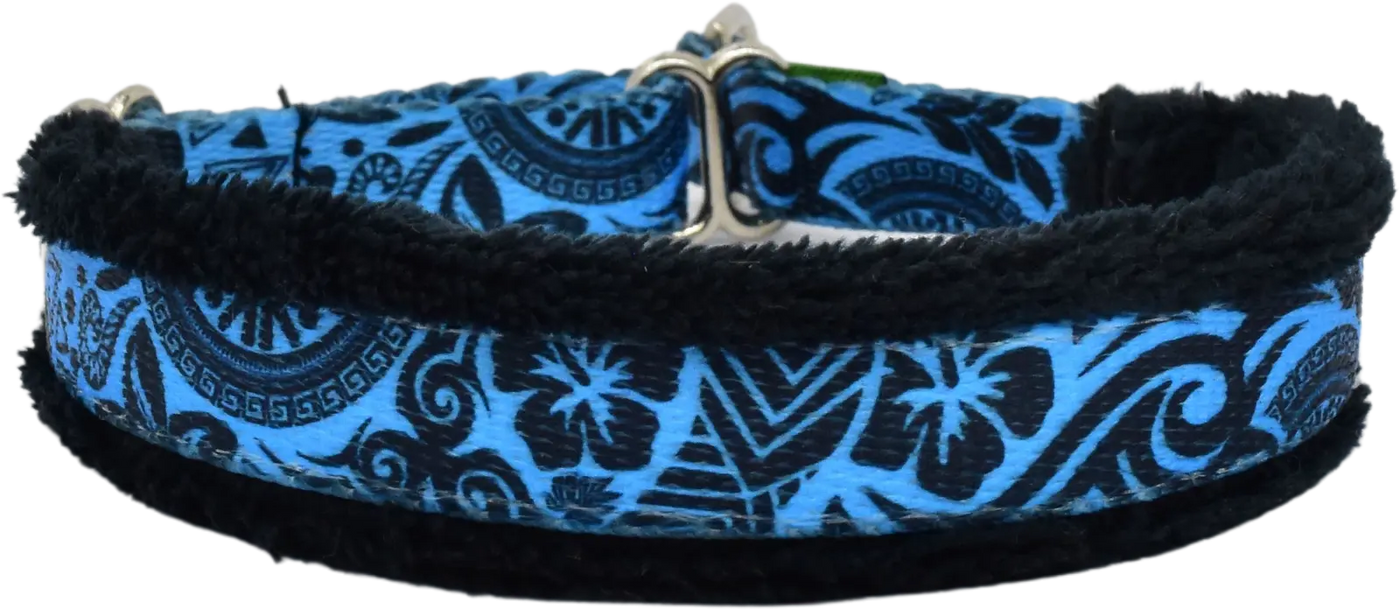Tahitian Blue sky blue and navy tribal print fleece-lined martingale-style limited slip dog collar by Fuzzywumpets.