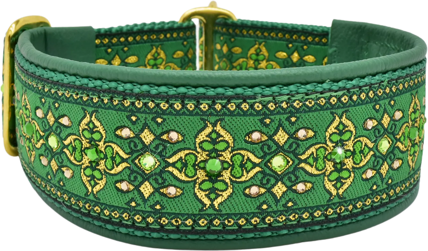 1.5" Green Nouvelle Luxe Limited Slip Collar for dogs, Kelly Green leather lining, handmade in the USA by Fuzzywumpets.