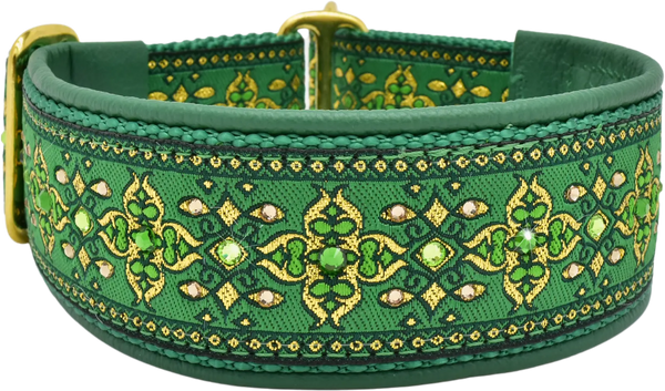 1.5" Green Nouvelle Luxe Limited Slip Collar for dogs, Kelly Green leather lining, handmade in the USA by Fuzzywumpets.
