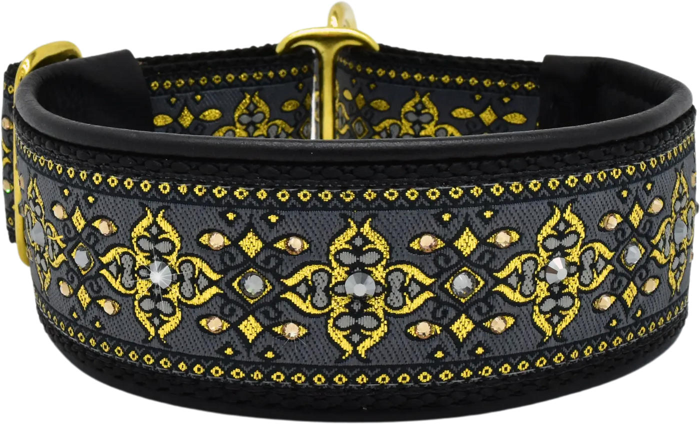 Charcoal Nouvelle charcoal and gold art deco floral European-crystal limited slip dog collar by Fuzzywumpets.