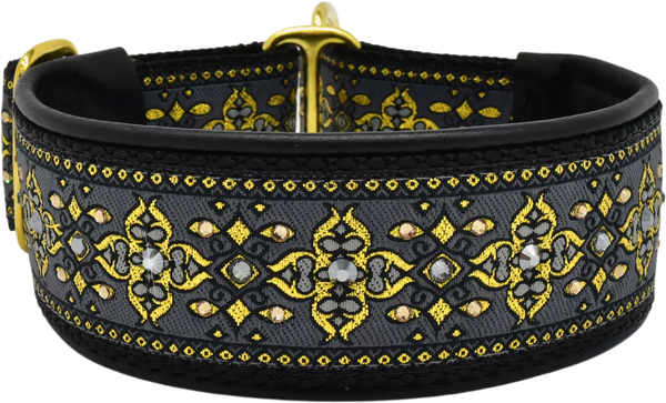 Charcoal Nouvelle charcoal and gold art deco floral European-crystal limited slip dog collar by Fuzzywumpets.