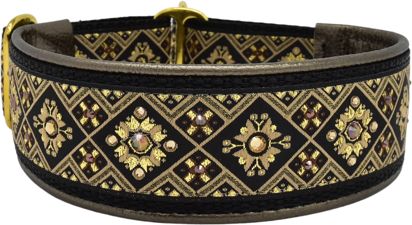 Canterbury black and gold diamond European-crystal limited slip collar with smoked and topaz crystals on bronze leather.