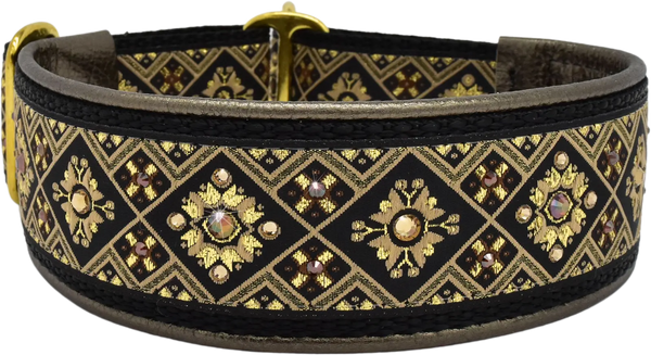 Canterbury black and gold diamond European-crystal limited slip collar with smoked and topaz crystals on bronze leather.
