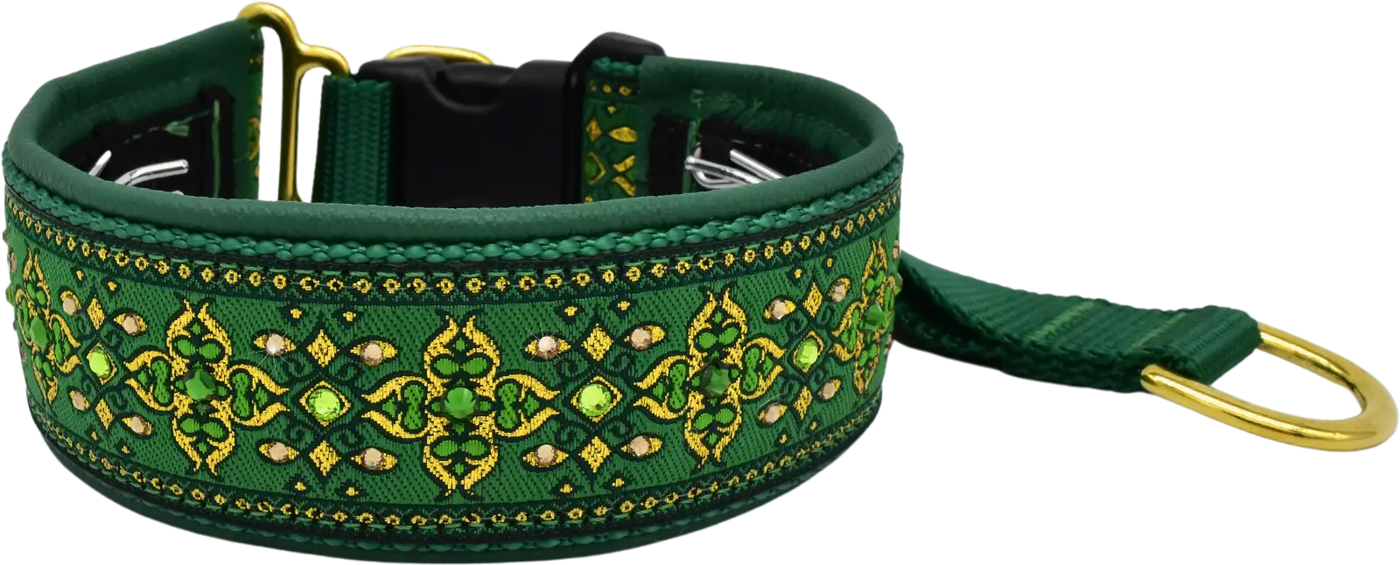Green Nouvelle dark green and gold art-deco European-crystal hidden prong collar by Fuzzywumpets.
