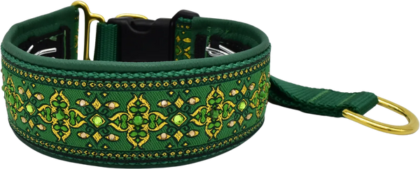 Green Nouvelle dark green and gold art-deco European-crystal hidden prong collar by Fuzzywumpets.