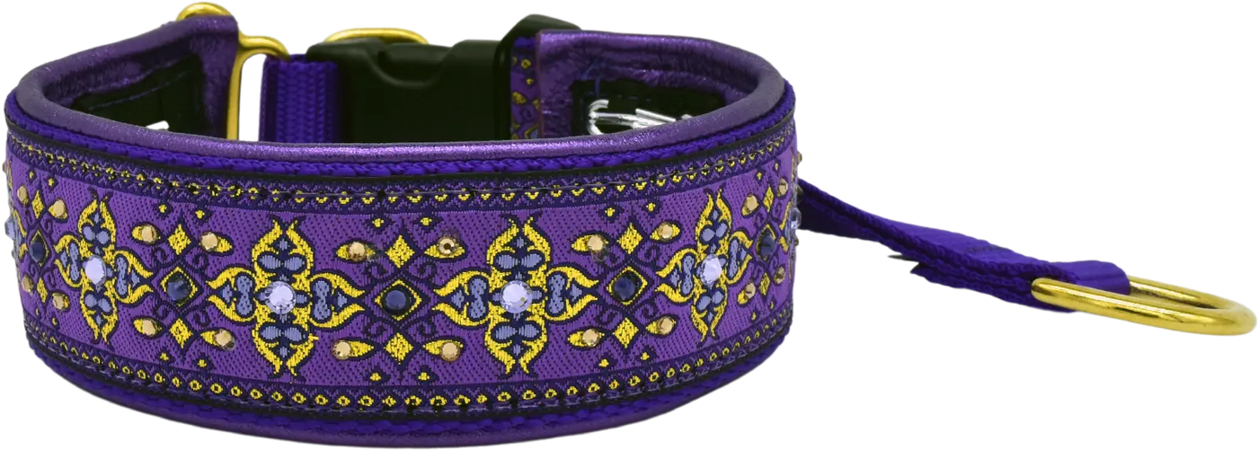 Purple Nouvelle purple and gold ornate floral medallion European-crystal hidden prong collar by Fuzzywumpets.