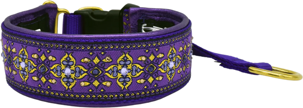 Purple Nouvelle purple and gold ornate floral medallion European-crystal hidden prong collar by Fuzzywumpets.
