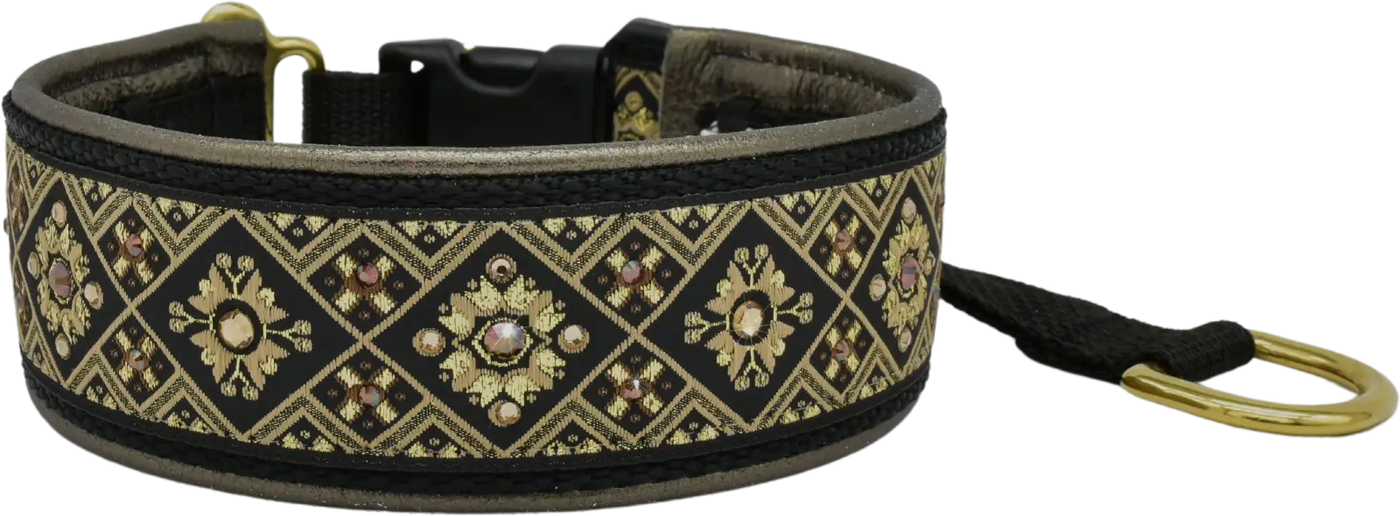 Canterbury black and gold diamond European-crystal hidden prong collar with smoked and topaz crystals on bronze leather.