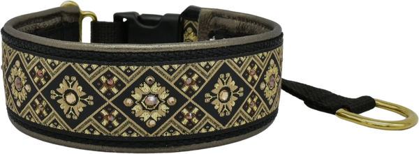 Canterbury black and gold diamond European-crystal hidden prong collar with smoked and topaz crystals on bronze leather.