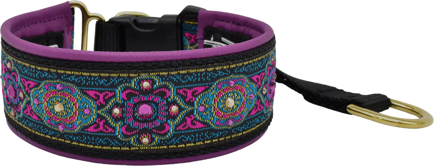 Bijoux Magenta black, magenta and gold paisley swirl European-crystal hidden prong collar by Fuzzywumpets.