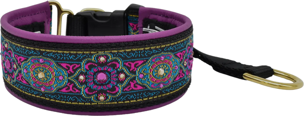 Bijoux Magenta black, magenta and gold paisley swirl European-crystal hidden prong collar by Fuzzywumpets.