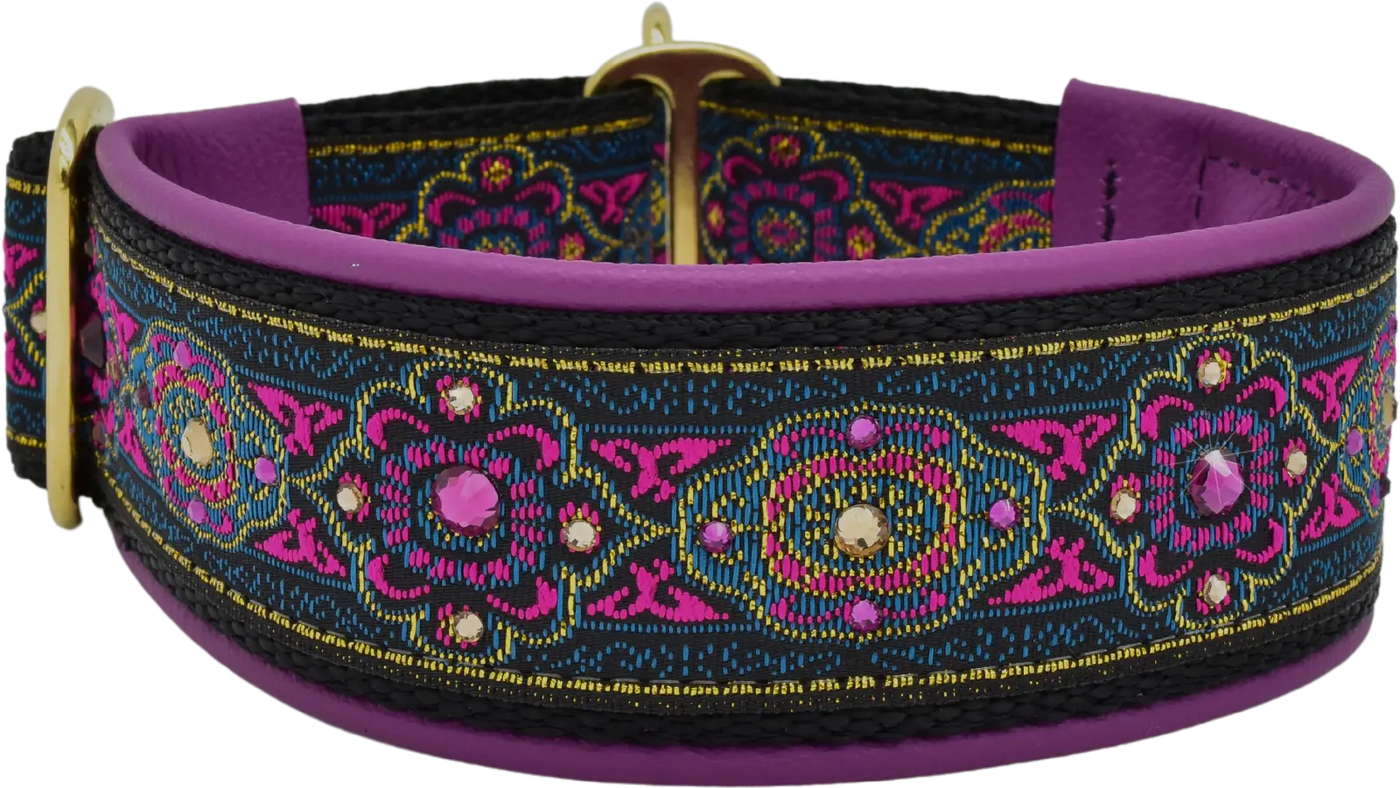 Bijoux Magenta black, magenta and gold paisley swirl European-crystal limited slip dog collar by Fuzzywumpets.