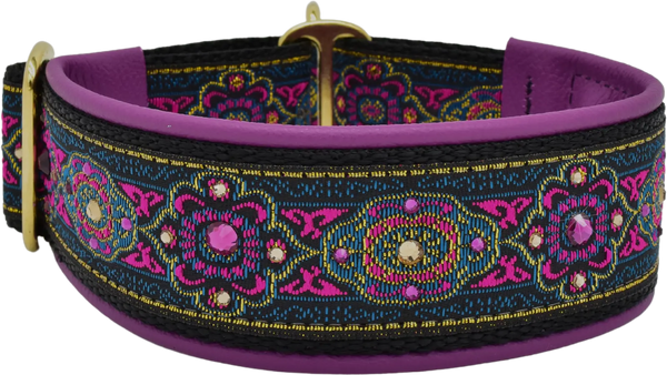 Bijoux Magenta black, magenta and gold paisley swirl European-crystal limited slip dog collar by Fuzzywumpets.